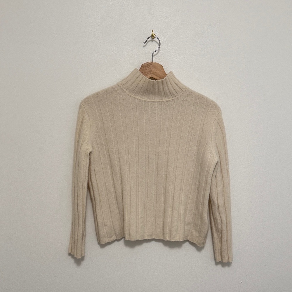 Banana Republic Cream Ribbed Crop Mock Neck Merino Wool Sweater